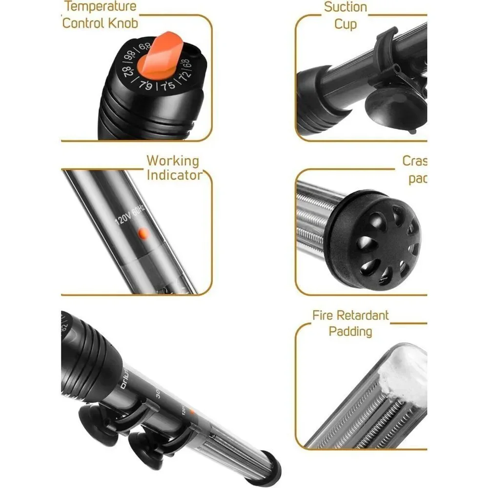 Orlushy Submersible Aquarium Heater 500W Adjust Knob Thermostat Free Thermometer